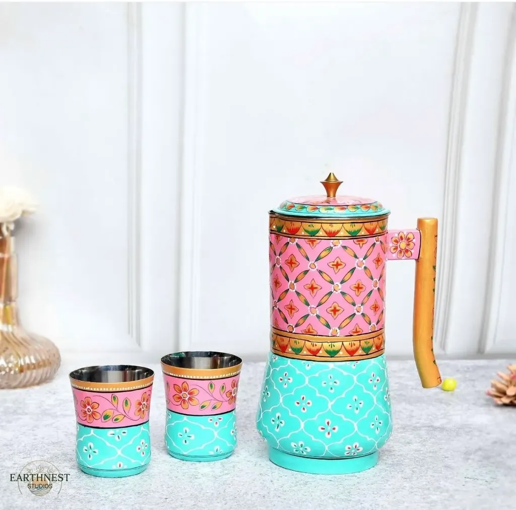 Aluminium Jug Set with 2 Glass Tumblers – 21 cm for kitchen décor ,Table Top , And Home Decoration