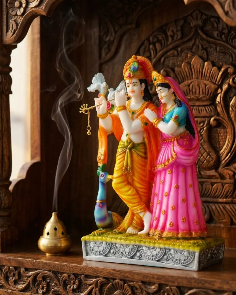 Hand-Painted Radha Krishna Idol with Peacock & Diya Accent