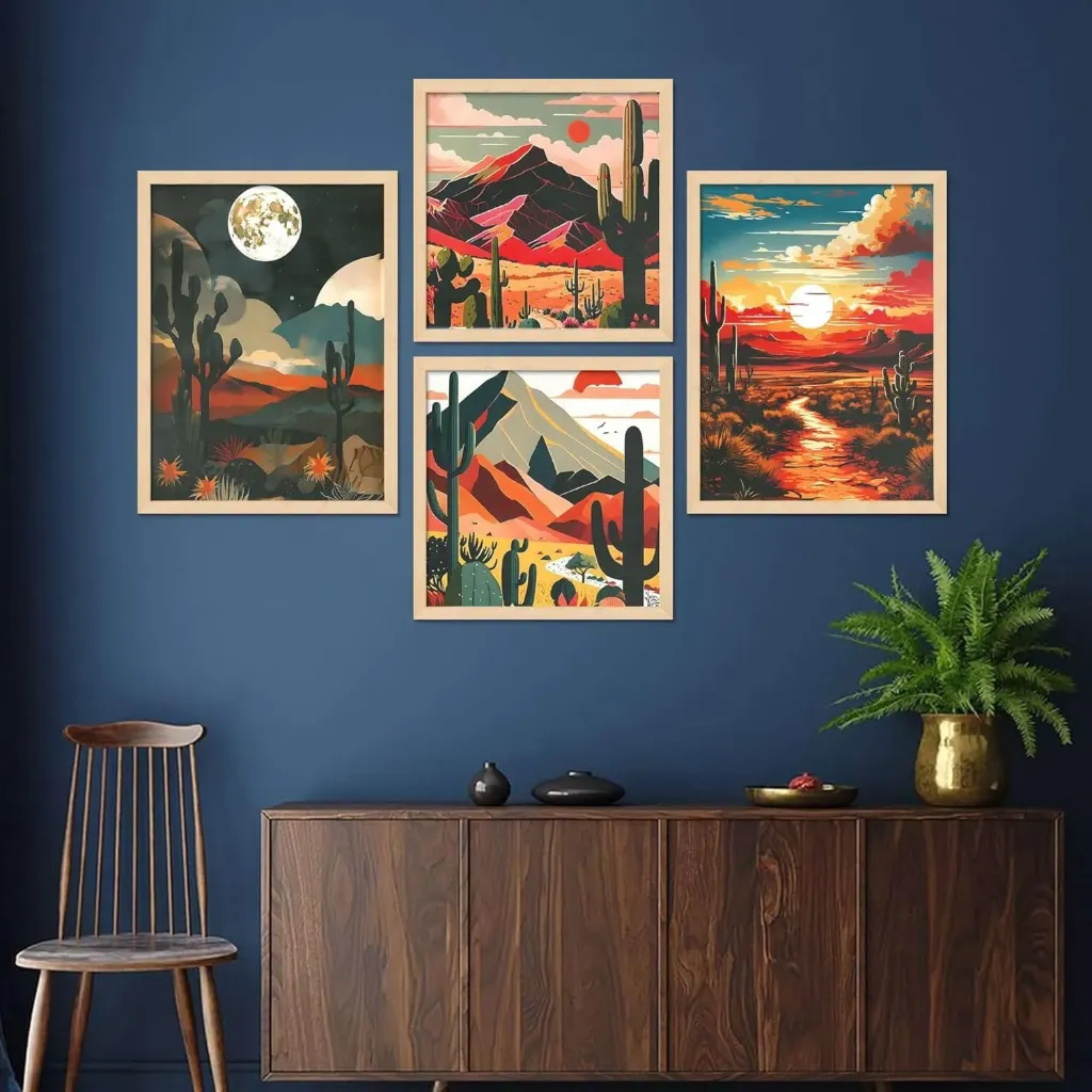 Boho Desert Landscape Framed Wall Art Set - Set of 4 | Mid-Century Modern Cactus & Mountain Prints | Premium Wooden Frames