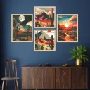 Boho Desert Landscape Framed Wall Art Set - Set of 4 | Mid-Century Modern Cactus & Mountain Prints | Premium Wooden Frames